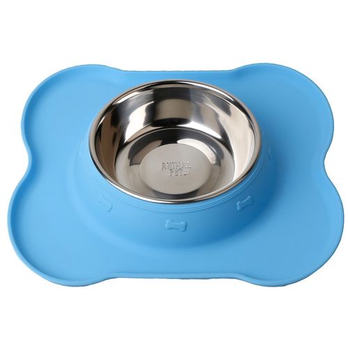 Comedero Bebedero Animal Pet Silicona Celeste Y Acero
