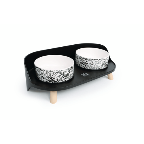 M-Pets Tazón Elevado Doble Blanco y Negro Para Gato