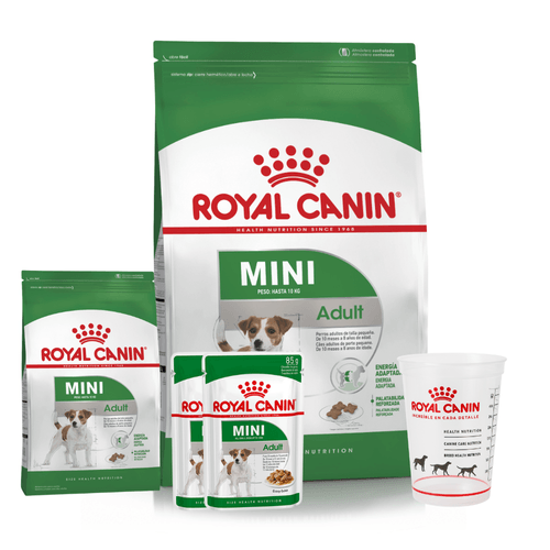 Combo Royal Canin Mini Adulto 7.5 KG + 1 KG +  Vaso Medidor + 2 Pouch CM25