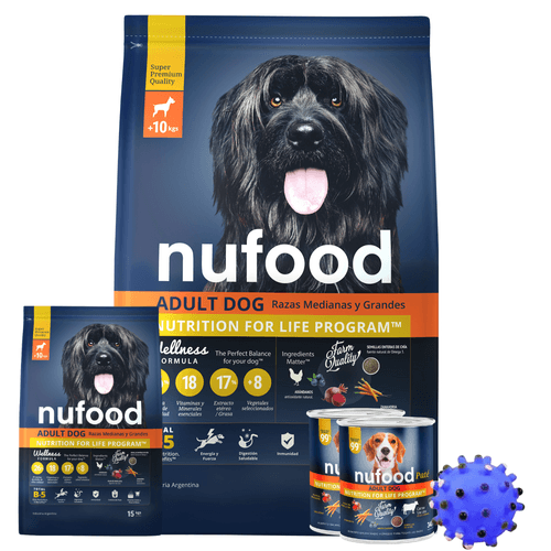 Combo Nufood Adulto Mediano 15 KG + 3KG  +  Pelota + 2 Latas CM25