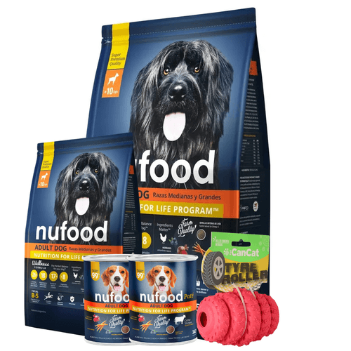 Combo Nufood Adulto Razas medianas y grandes 15KG + 3KG + 2 Latas + Juguete