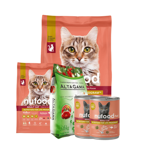 Combo Nufood Cat Salmon 7,5KG + 3KG + 2 Latas + Piedras 3,6 AG