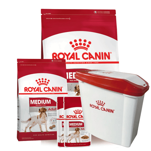 Combo Royal Canin Medium Adulto 15KG + 3KG + 2 Pouch + Almacenador